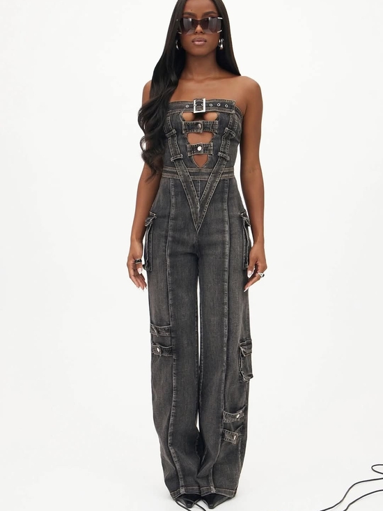 Fashion Nova Pants - Fashion Nova Strapless Black Washed Denim Jumpsuit with Buckle Detail